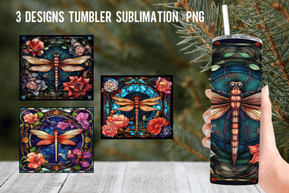 Dragonfly Flowers Stained Glass Tumbler