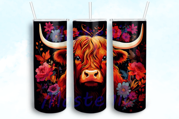 Flowers Highland Cow Tumbler PNG